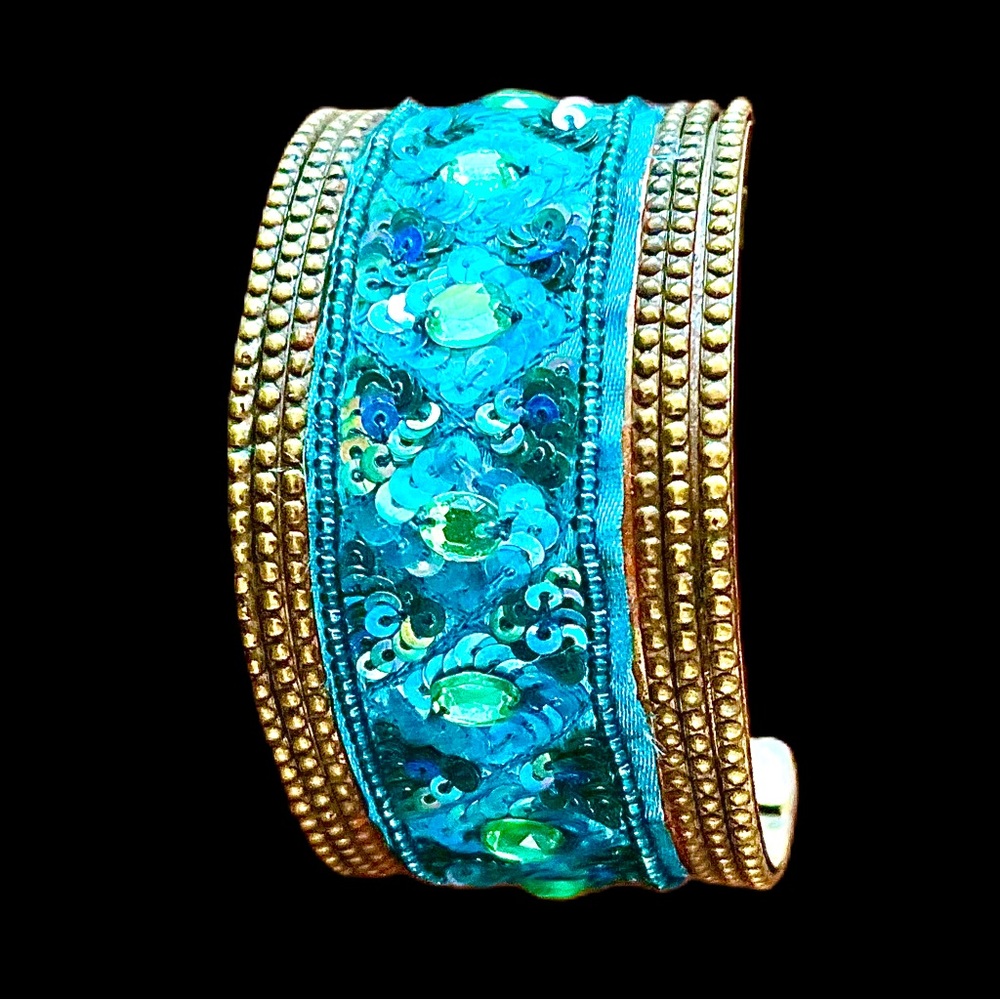 Vintage Brass Cuff Bracelet, Green, Gold & Turquoise Beads & Sequins. India.